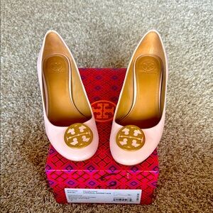 Tory Burch Pink Heels with Gold Logo